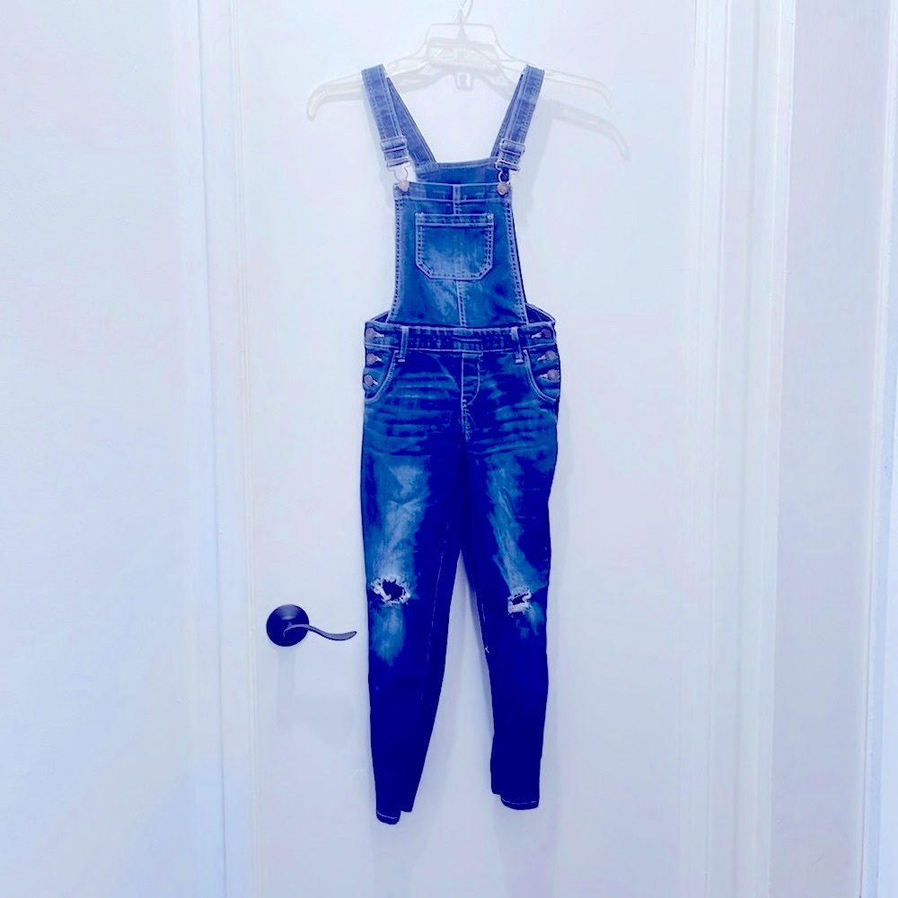 - So girls overalls dark wash distressed denim size 12